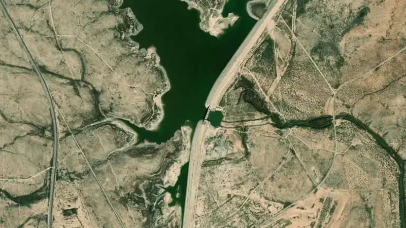 Satellite view of Brantley Reservoir and Dam reservoir, New Mexico, United States