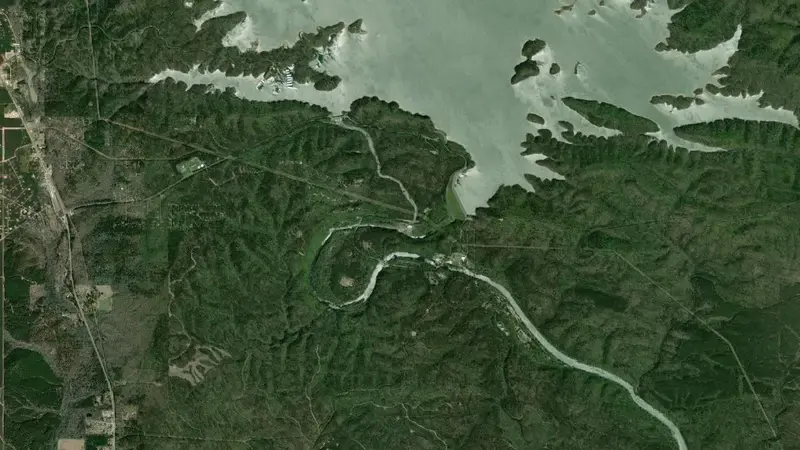 Satellite view of Broken Bow Lake reservoir, Oklahoma, United States