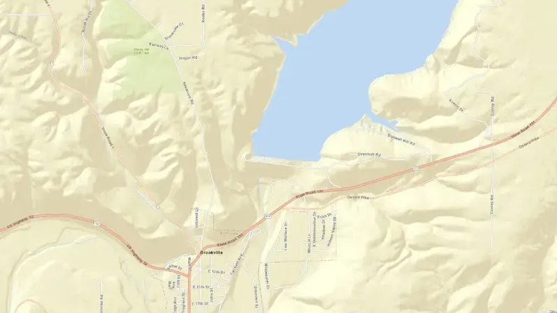 Road map of Brookville Lake Dam reservoir, Indiana, United States