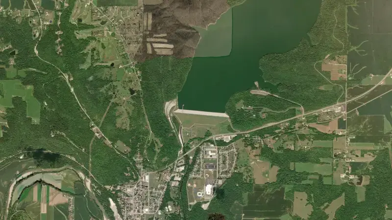 Satellite view of Brookville Lake Dam reservoir, Indiana, United States