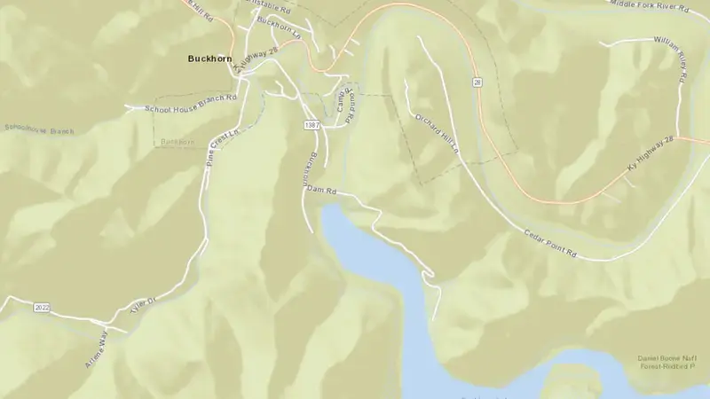 Road map of Buckhorn Lake reservoir, Kentucky, United States