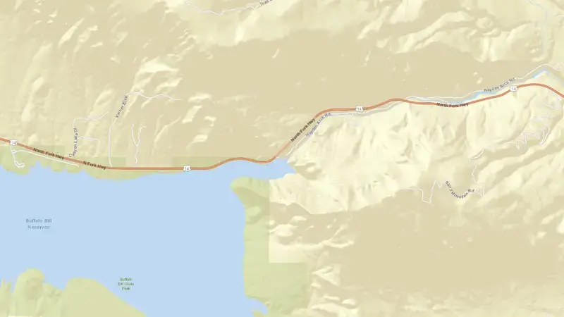 Road map of Buffalo Bill Dam & Reservoir reservoir, Wyoming, United States