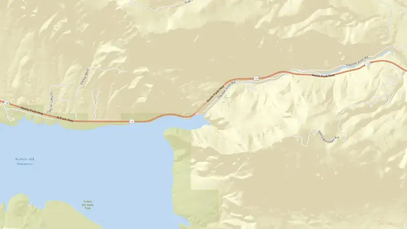 Road map of Buffalo Bill Reservoir Dam and Powerplant reservoir, Wyoming, United States