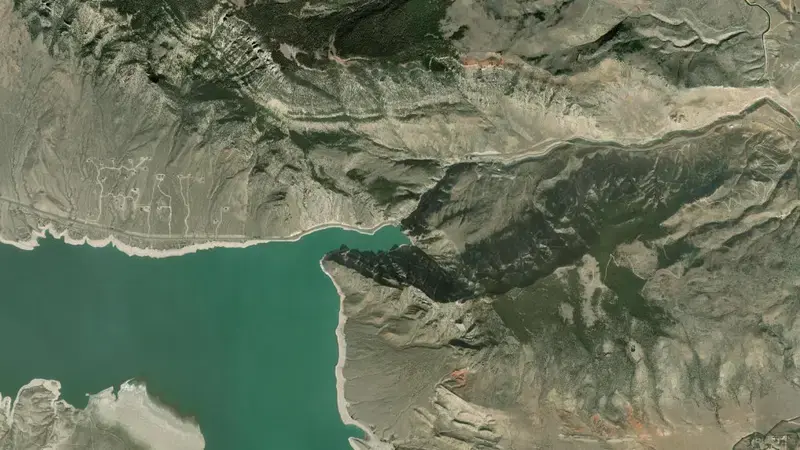 Satellite view of Buffalo Bill Reservoir Dam and Powerplant reservoir, Wyoming, United States