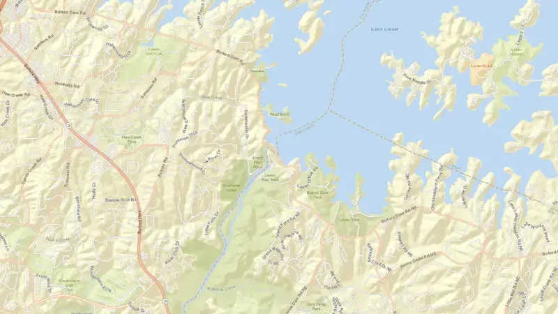 Road map of Buford Dam and Lake Lanier reservoir, Georgia, United States