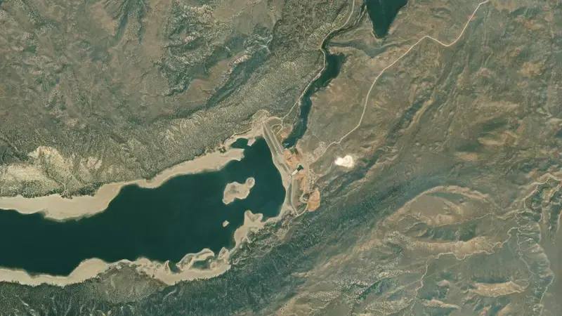 Satellite view of Bull Lake Dam, Bull Lake Cr, WY reservoir, Wyoming, United States
