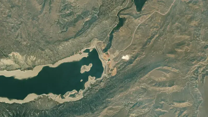 Satellite view of Bull Lake Reservoir and Dam reservoir, Wyoming, United States