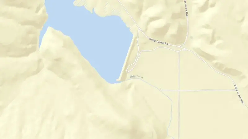 Road map of Bully Creek Reservoir and Dam reservoir, Oregon, United States
