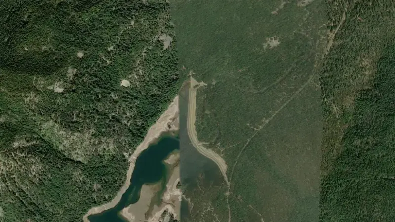 Satellite view of Bumping Lake and Bumping Lake Dam reservoir, Washington, United States