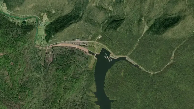 Satellite view of Burnsville Lake reservoir, West Virginia, United States