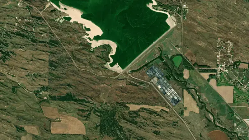 Satellite view of Calamus Reservoir and Virginia Smith Dam reservoir, Nebraska, United States