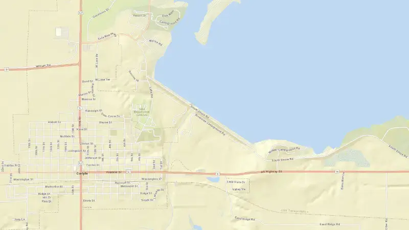Road map of Carlyle Pool reservoir, Illinois, United States