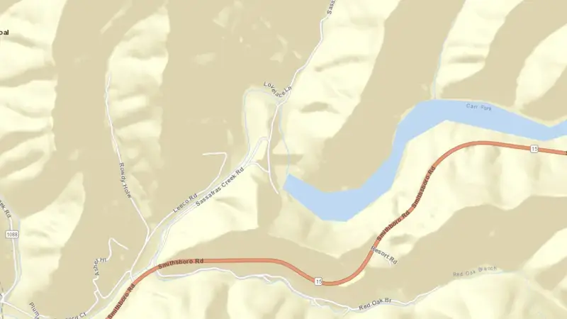Road map of Carr Creek Lake reservoir, Kentucky, United States