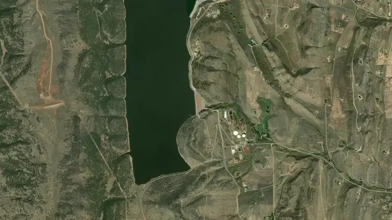 Satellite view of Carter Lake Reservoir and Dam reservoir, Colorado, United States