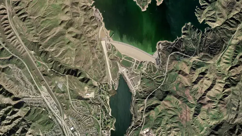 Satellite view of Castaic Lake reservoir, California, United States