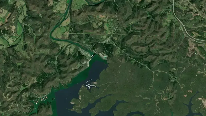 Satellite view of Center Hill Dam reservoir, Tennessee, United States