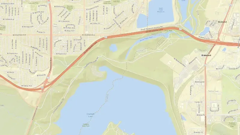 Road map of Chatfield Dam & Reservoir reservoir, Colorado, United States