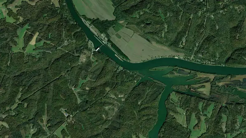 Satellite view of Cheatham Dam reservoir, Tennessee, United States