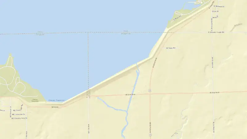 Road map of Cheney Reservoir and Dam reservoir, Kansas, United States