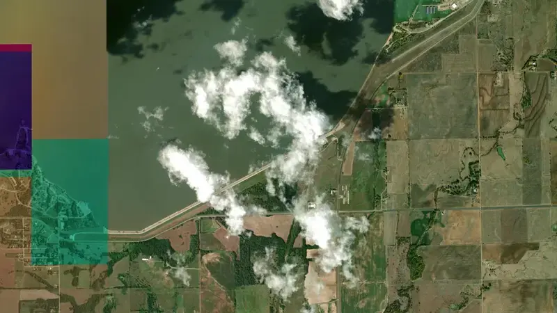 Satellite view of Cheney Reservoir and Dam reservoir, Kansas, United States