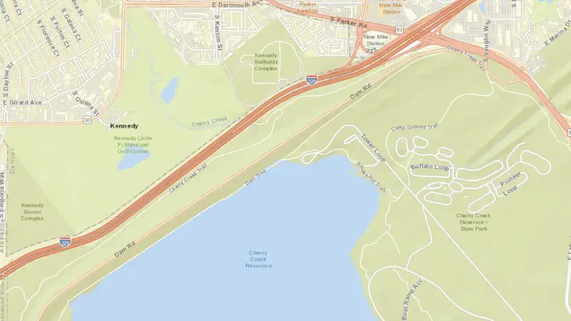 Road map of Cherry Creek Dam & Reservoir reservoir, Colorado, United States