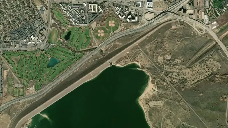 Satellite view of Cherry Creek Dam & Reservoir reservoir, Colorado, United States