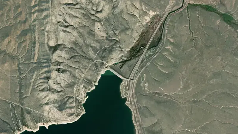 Satellite view of Clark Canyon Reservoir and Dam reservoir, Montana, United States