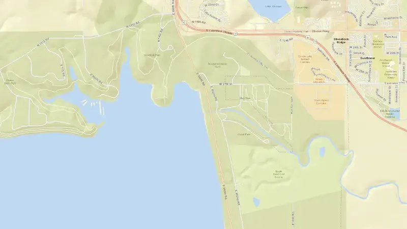 Road map of CLINTON LK NR LAWRENCE, KS reservoir, Kansas, United States