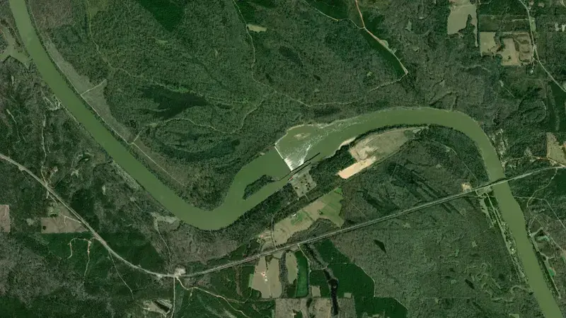 Satellite view of Coffeeville Lock and Dam reservoir, Alabama, United States