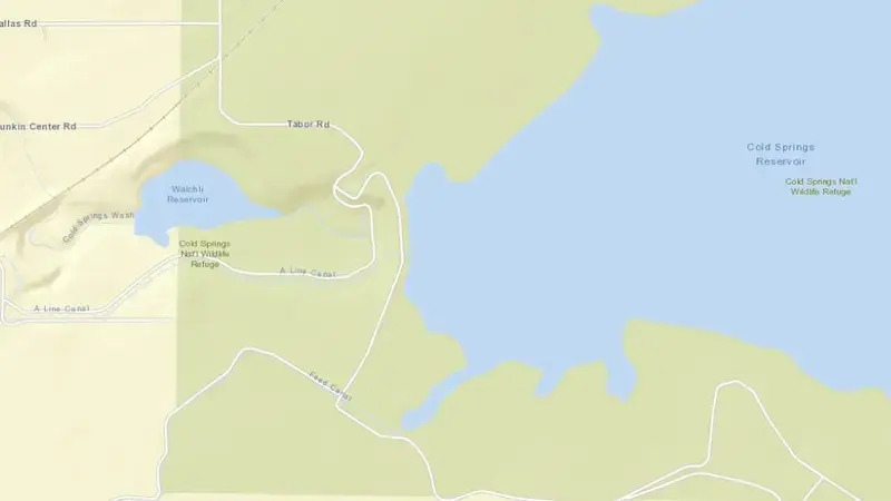Road map of Cold Springs Reservoir and Dam reservoir, Oregon, United States