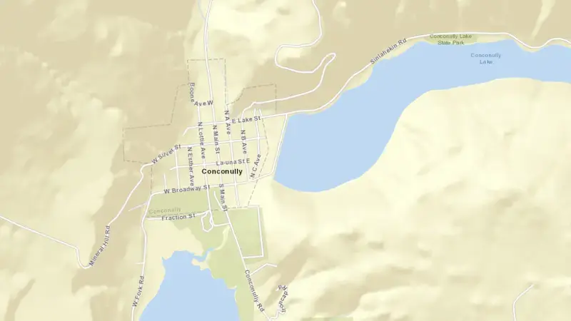 Road map of Conconully Lake and Salmon Lake Dam reservoir, Washington, United States