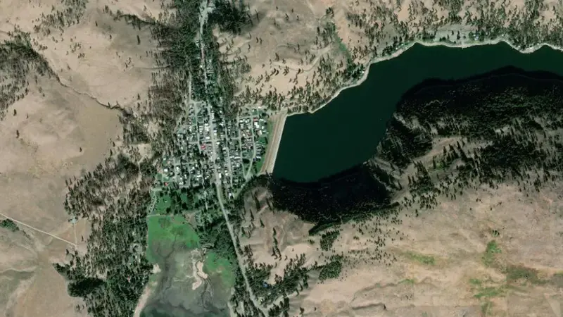 Satellite view of Conconully Lake and Salmon Lake Dam reservoir, Washington, United States