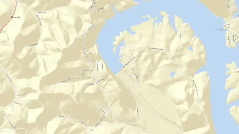 Road map of Cordell Hull Lock and Dam reservoir, Tennessee, United States