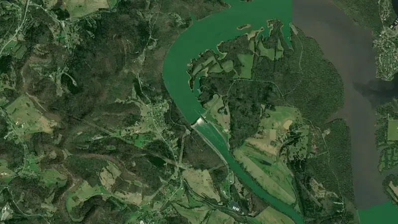 Satellite view of Cordell Hull Lock and Dam reservoir, Tennessee, United States