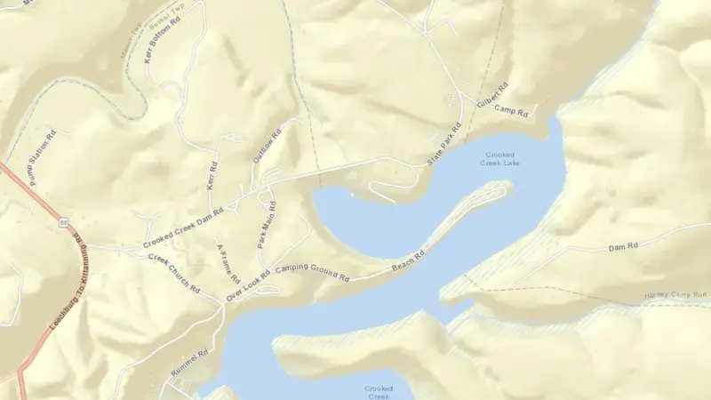 Road map of Crooked Creek Lake, PA reservoir, Pennsylvania, United States