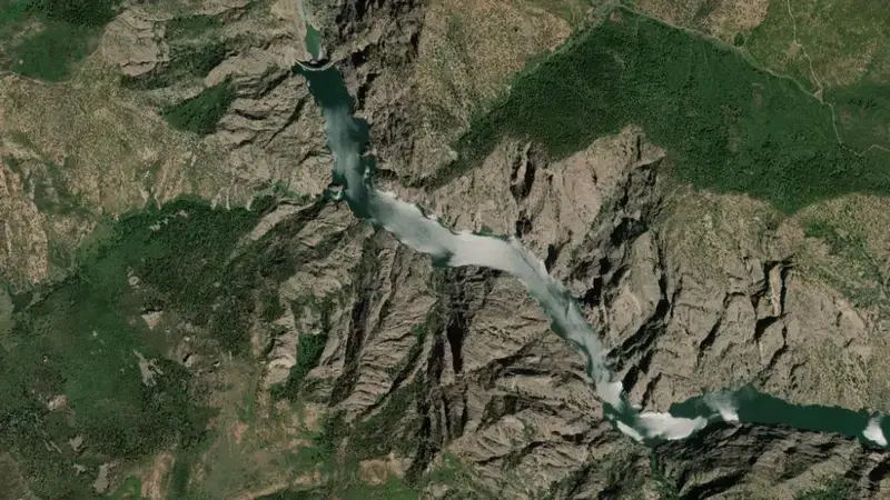 Satellite view of Crystal Reservoir Dam and Powerplant reservoir, Colorado, United States