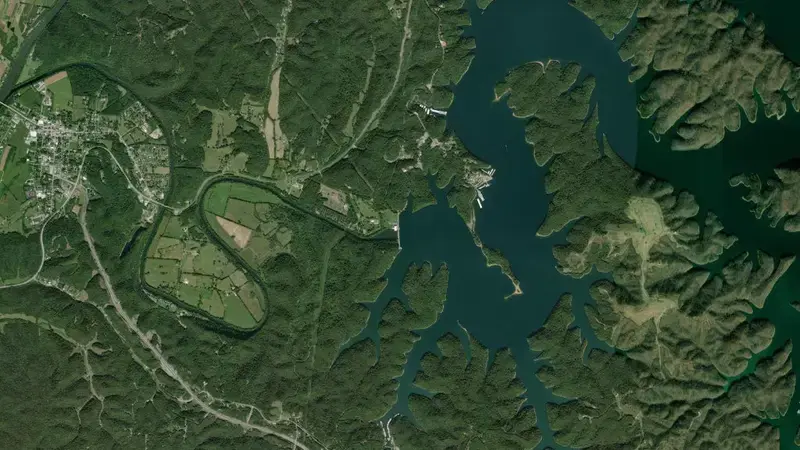 Satellite view of Dale Hollow Dam reservoir, Tennessee, United States