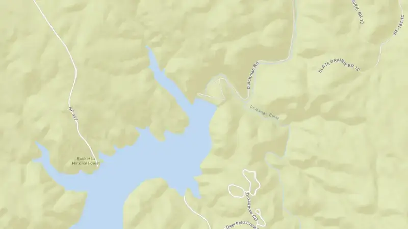 Road map of Deerfield Reservoir and Dam reservoir, South Dakota, United States