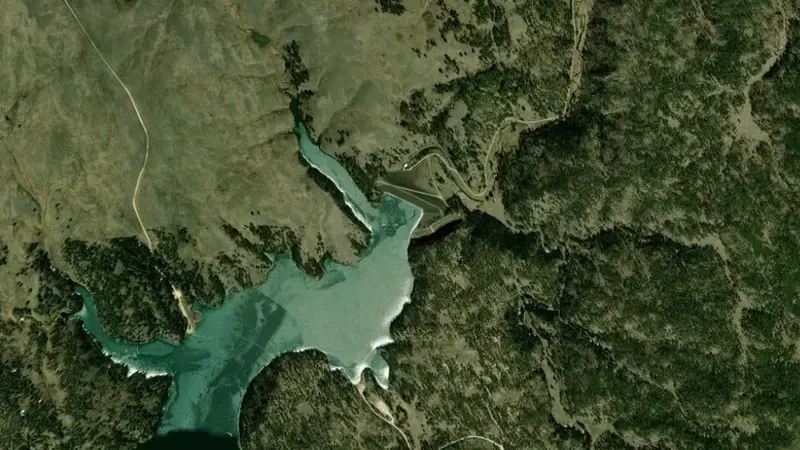 Satellite view of Deerfield Reservoir and Dam reservoir, South Dakota, United States