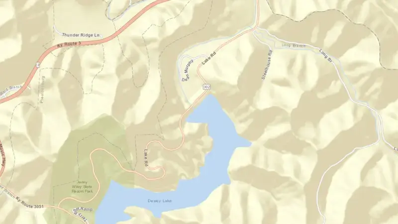 Road map of Dewey Lake reservoir, Kentucky, United States