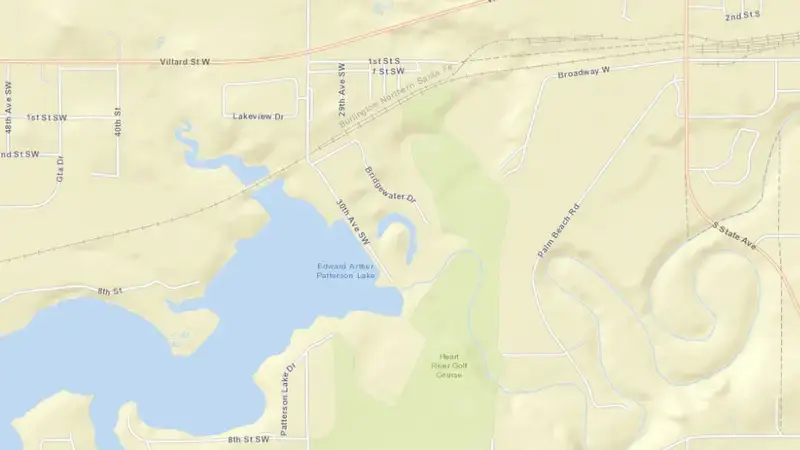 Road map of Dickinson Dam on the Heart R reservoir, North Dakota, United States