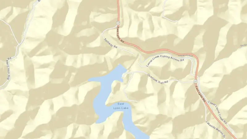Road map of East Lynn Lake reservoir, West Virginia, United States