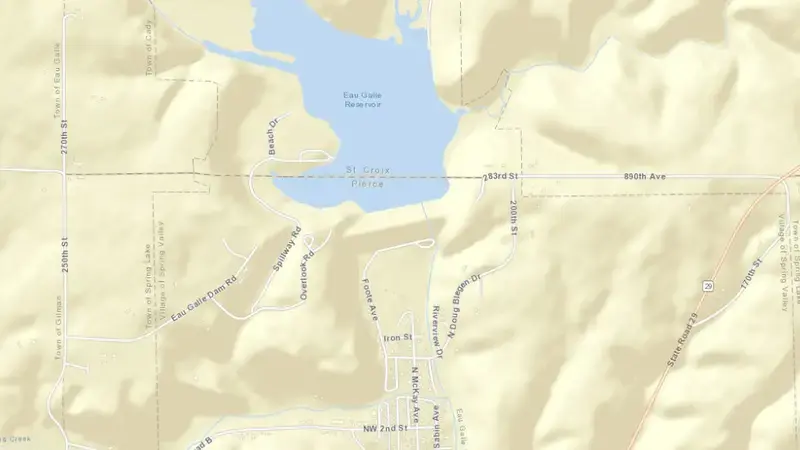 Road map of Eau Galle Dam reservoir, Wisconsin, United States