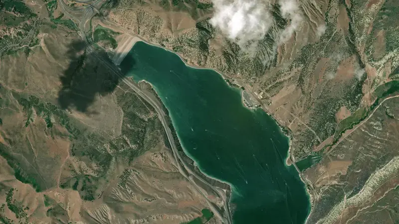 Satellite view of Echo Reservoir and Dam reservoir, Utah, United States