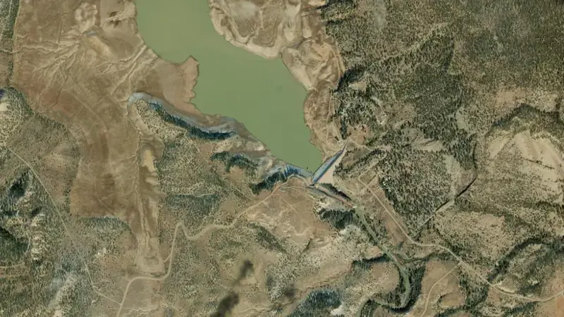 Satellite view of El Vado Lake and Dam reservoir, New Mexico, United States