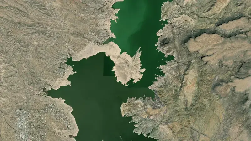 Satellite view of Elephant Butte Reservoir Dam and Powerplant reservoir, New Mexico, United States