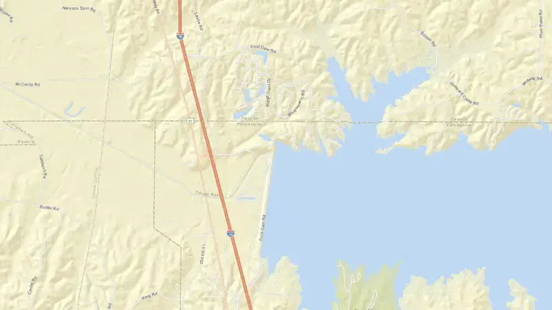 Road map of Enid Lake reservoir, Mississippi, United States