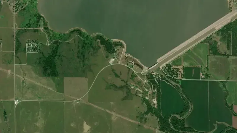 Satellite view of Fall River Lake reservoir, Kansas, United States