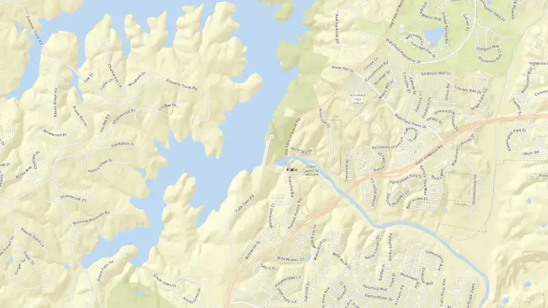 Road map of Falls Dam reservoir, North Carolina, United States