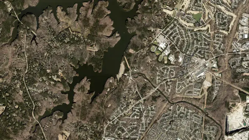 Satellite view of Falls Dam reservoir, North Carolina, United States